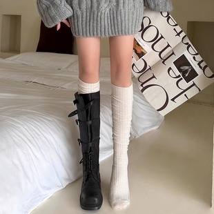 miu系长筒过膝袜子女春秋百搭及膝小腿袜配靴子纯色堆堆袜靴袜棉