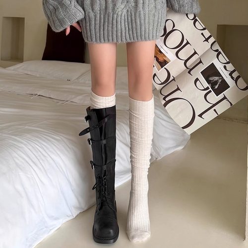 miu系长筒过膝袜子女春夏百搭及膝小腿袜配靴子纯色堆堆袜靴袜棉