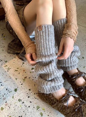 加厚保暖羊鸵毛袜套女秋冬灰色堆堆袜配雪地靴中筒袜白色针织腿套