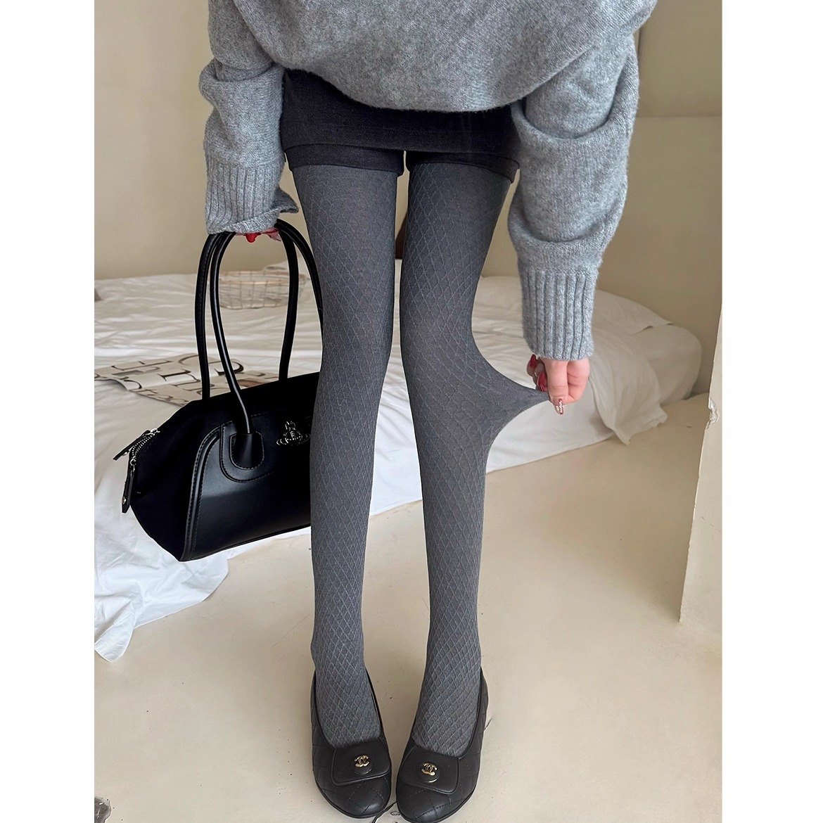 高知感烟灰色连裤袜子女600D菱格纹打底袜新款显瘦神器黑色打底裤