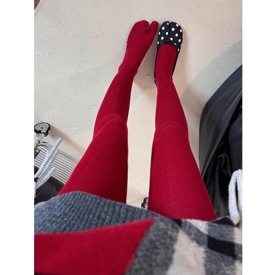 韩系氛围感红色连裤袜女秋冬新款平纹显瘦打底袜安可拉红分趾袜