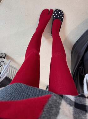 韩系氛围感红色连裤袜女秋冬新款平纹显瘦打底袜安可拉红分趾袜