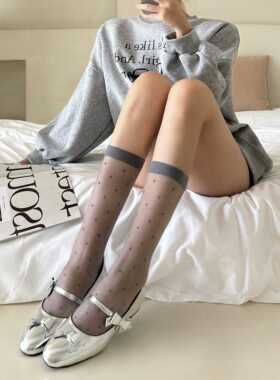 miu系新款灰色波点中筒丝袜超薄袜子女夏季堆堆袜配小皮鞋小腿袜