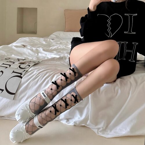 miu系镂空蝴蝶结小腿袜女春夏薄款纯欲风中筒纯色堆堆袜ins潮