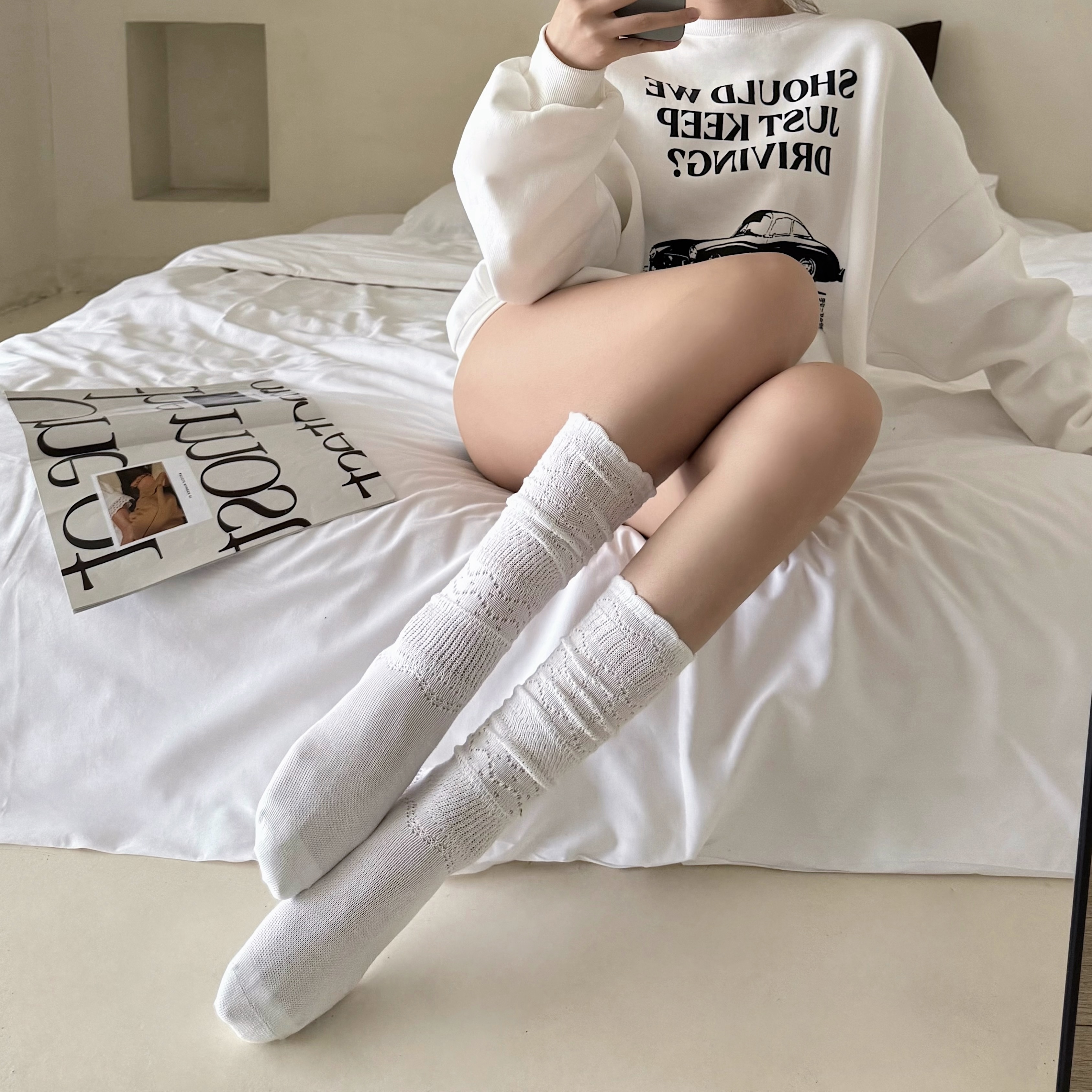 白色芭蕾风小腿袜子女夏季薄款堆堆袜配小皮鞋镂空钩花纯欲中筒袜