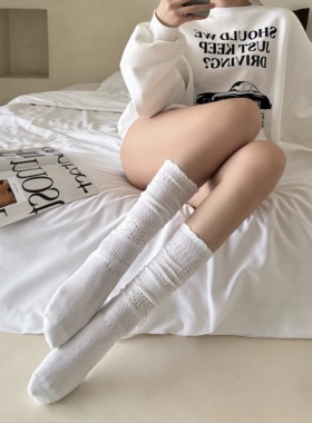 白色芭蕾风小腿袜子女夏季薄款堆堆袜配小皮鞋镂空钩花纯欲中筒袜