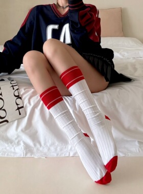 美式学院风袜子女秋季黑白拼色中筒堆堆袜复古小腿袜及膝足球袜