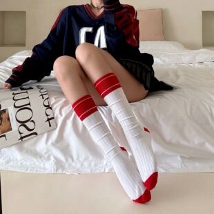 美式学院风袜子女春夏黑白拼色中筒堆堆袜复古小腿袜及膝足球袜