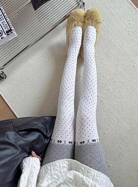 复古波点拼色袜子女圣诞连裤袜费尔岛显瘦百搭打底袜白色保暖裤袜