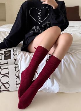 miu系袜子女复古安可拉红中筒堆堆袜灰色蝴蝶结jk小腿袜及膝棉袜
