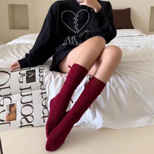 miu系袜子女复古安可拉红中筒堆堆袜灰色蝴蝶结jk小腿袜及膝棉袜
