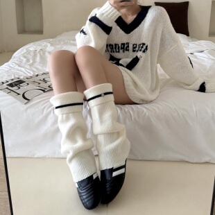 miu系翻边袜套女秋冬加厚羊毛堆堆袜叠穿辣妹腿套及膝针织中筒袜