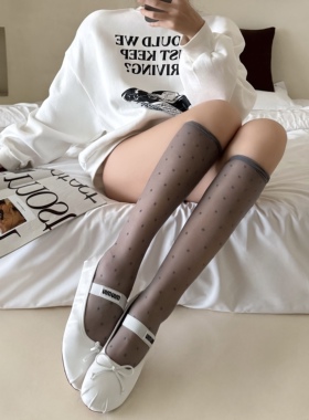 芭蕾风灰色过膝袜女夏季薄款长筒堆堆袜配小皮鞋纯欲圆点及膝丝袜