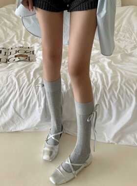 新款灰色袜子女春秋款蝴蝶结芭蕾小腿袜竖条纯欲白色中筒堆堆袜