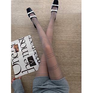 miu系复古格纹丝袜女春夏薄款性感黑丝y2k辣妹网袜防勾丝打底袜