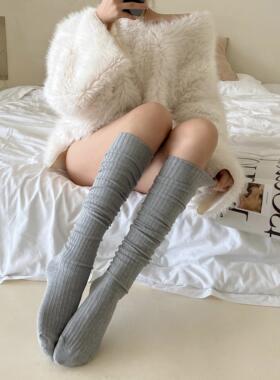 灰色堆堆袜子女春夏及膝长筒袜配小皮鞋竖条纹百搭jk小腿袜棉袜