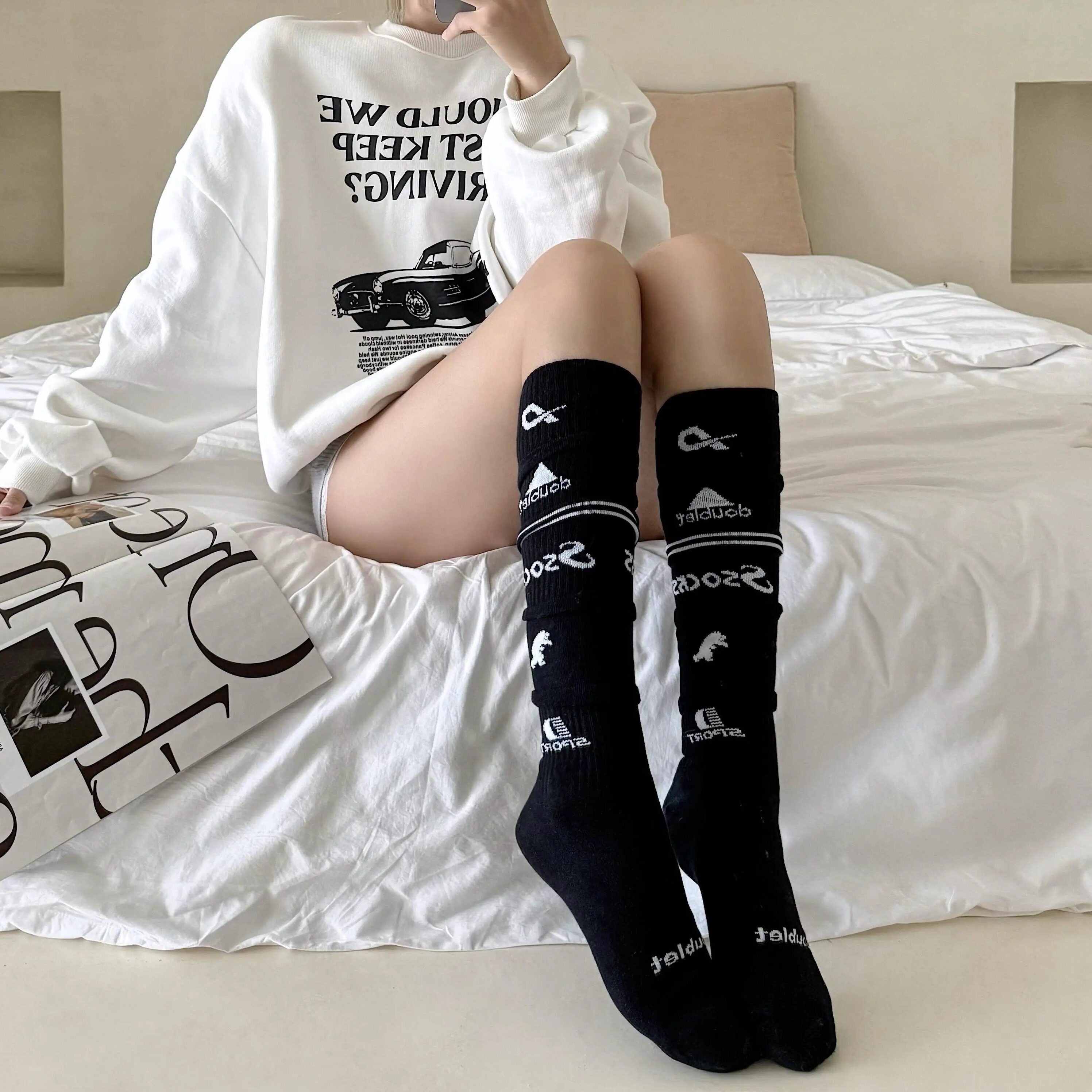 y2k辣妹袜女春秋长筒堆堆袜ins潮机能风拼接小腿袜字母运动及膝袜,女士内衣/男士内衣/家居服,长筒袜,淘宝优惠券,粉丝福利购,淘宝优惠卷