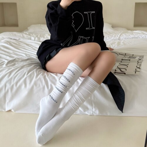 复古美式袜子女夏薄款白色小腿袜中筒及膝堆堆袜ins潮辣妹足球袜