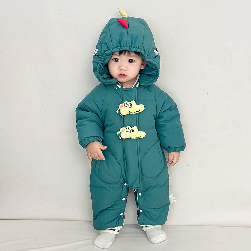 婴儿连体羽绒服冬季白鸭绒加厚婴幼儿冬装超萌卡通恐龙宝宝外出服