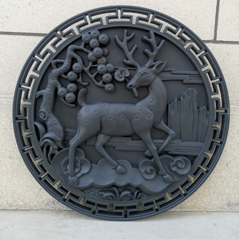 70cm圆形鹿仿古树脂塑料瓦片浮雕墙面装饰新中式动物挂件客厅门口