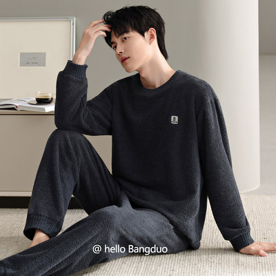 睡衣男士冬季半边绒加厚加绒保暖男款秋冬珊瑚绒大码可外穿家居服