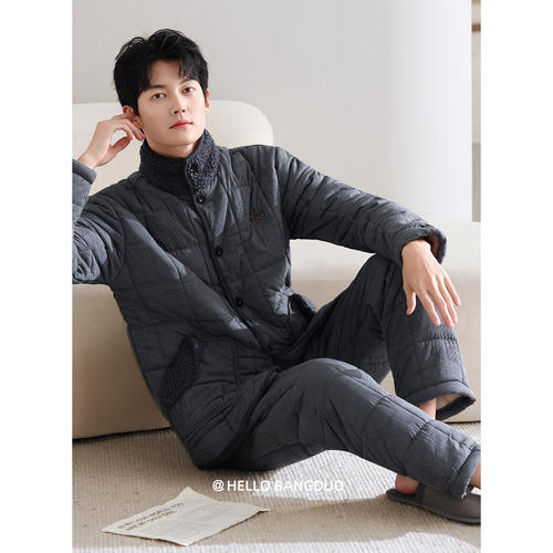 睡衣男士冬季珊瑚绒三层加厚加绒夹棉袄秋冬款羽绒棉服冬天家居服