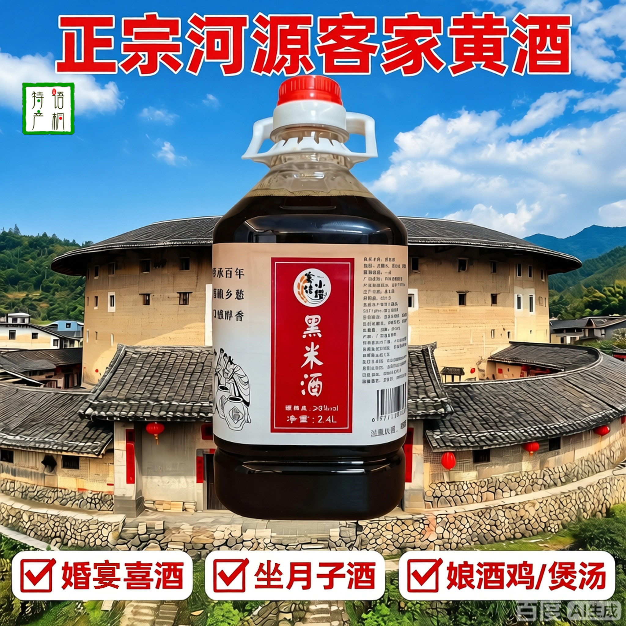2.4L正宗河源黑糯米甜型黄酒大瓶