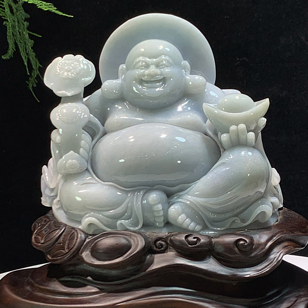 天然缅甸翡翠玉佛公弥勒笑佛雕件居家装饰办公室客厅书摆件包证书