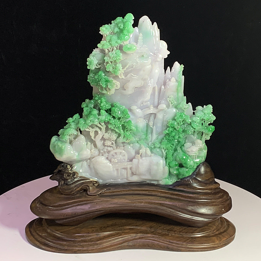 天然缅甸翡翠绿高山流水摆件财源滚滚招财玉山子雕件居家装饰精品