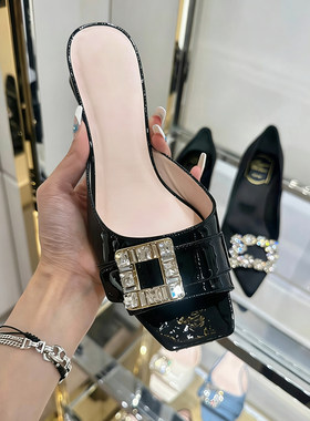 新款漆皮水钻方扣一字带女高跟鞋女外穿时尚百搭方头粗跟女拖鞋