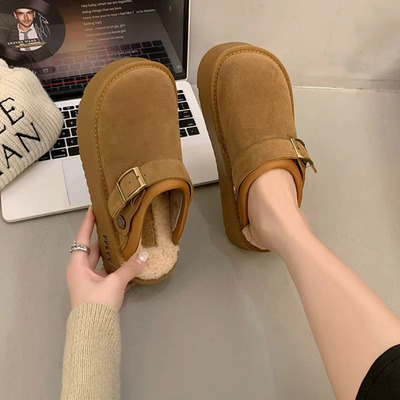 休闲松糕底毛毛拖包头拖鞋