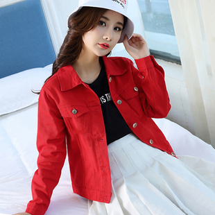 學(xué)生韓版 2023新款 春秋季 大紅色牛仔外套短款 百搭休閑上衣女 bf修身