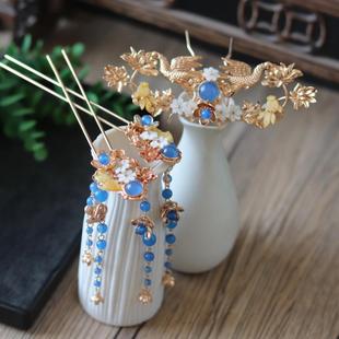 黄蝶贝小鱼儿流苏发簪发钗新中式簪花头饰汉服旗袍配饰女