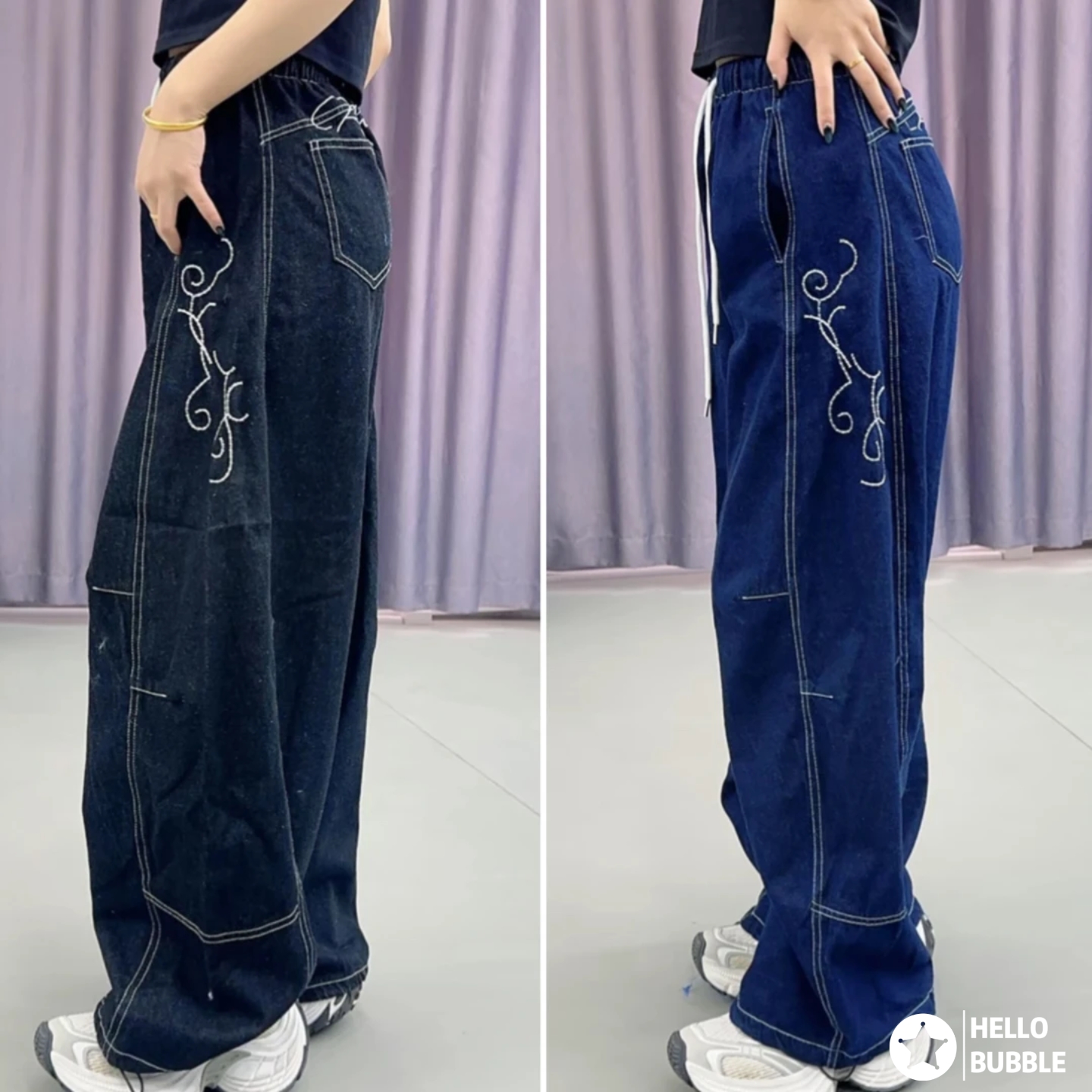 秋冬新款曳步舞长裤女修身显瘦刺绣字母街舞爵士广场舞弯刀牛仔裤