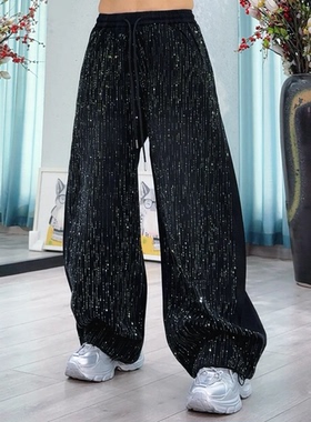 BT2560休闲风满钻阔腿牛仔裤女渐变中腰时尚黑色烫钻裤子街舞爵士
