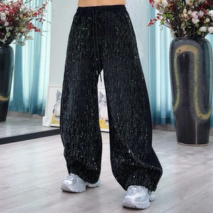 BT2560休闲风满钻阔腿牛仔裤女渐变中腰时尚黑色烫钻裤子街舞爵士