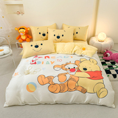 小熊维尼60水洗真丝床上四件套冰丝裸睡床品儿童床单三件套床笠夏
