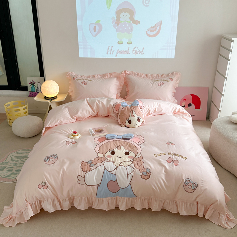 卡通可爱小女孩纯棉四件套全棉少女心儿童床品床单花边被套三件套
