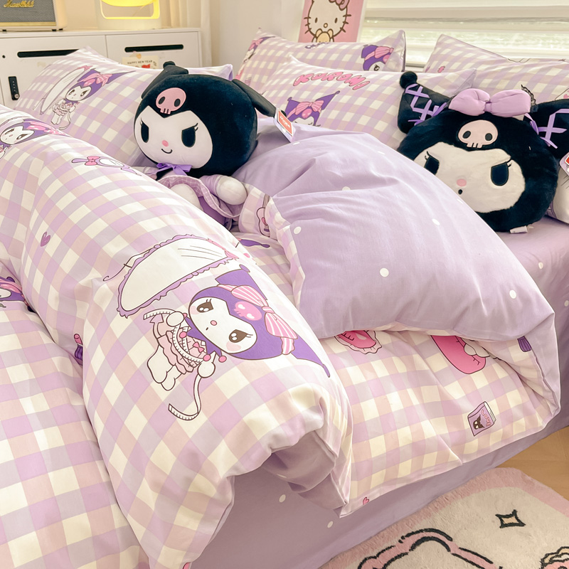 库洛米全棉床上四件套儿童可爱床单被套床笠100%纯棉卡通三件套女