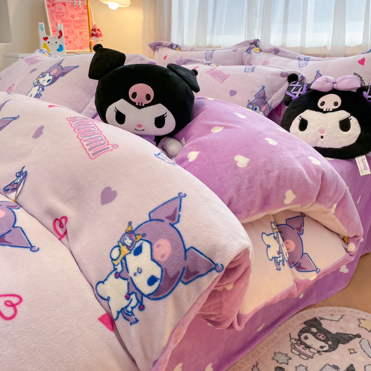 库洛米牛奶绒床上四件套冬天学生被套上下床加绒床单人三件套女孩