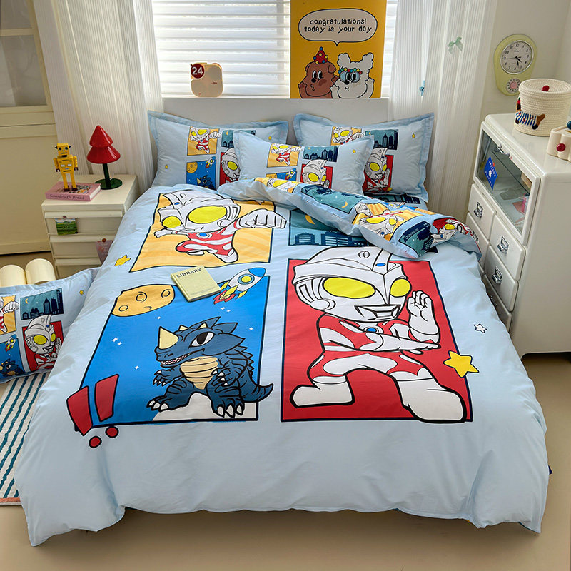 奥特曼卡通床上四件套纯棉全棉床品被套男孩儿童床单人三件套床笠