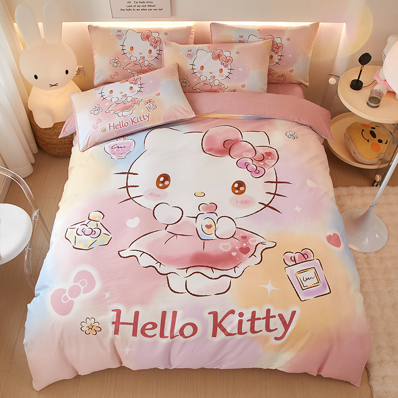 hello kitty纯棉四件套女孩卡通被套床上用品床单儿童床笠三件套