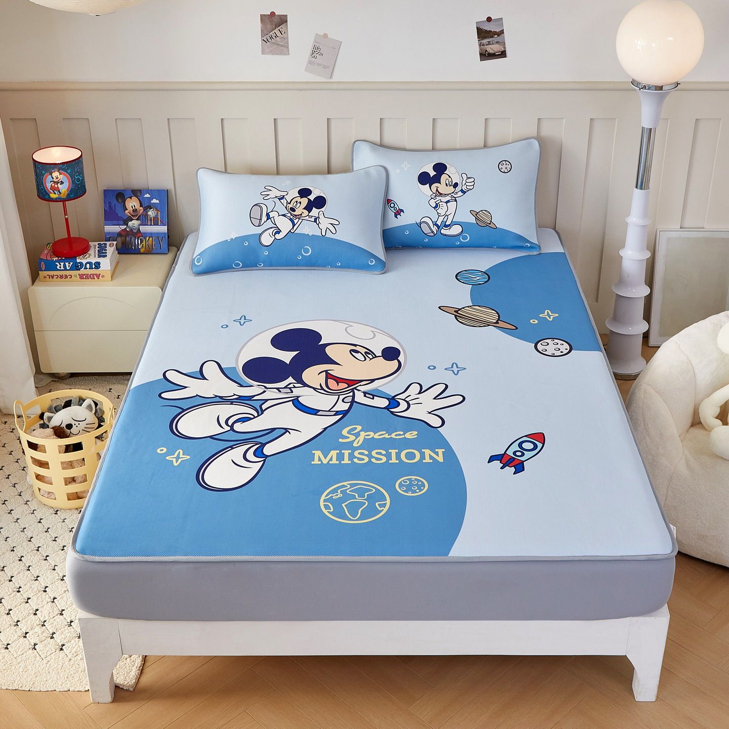 Disney米奇A类儿童冰丝凉席三件套幼儿园学生宿舍空软调席可机洗