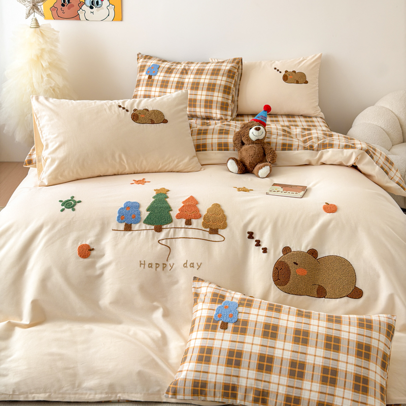 可爱卡皮巴拉全棉磨毛四件套