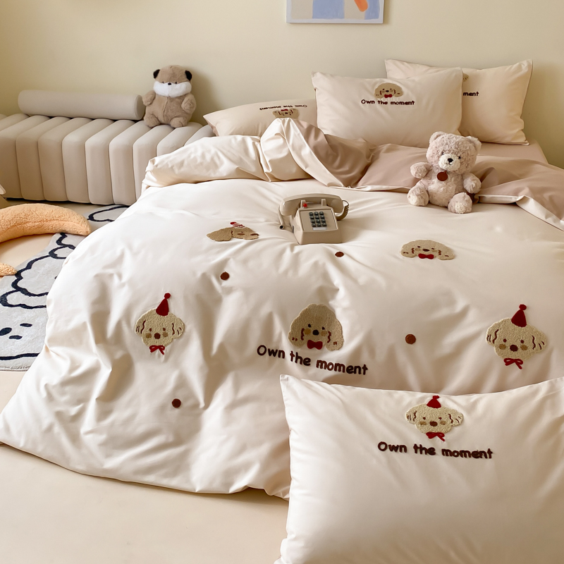 高级感120支长绒棉可爱刺绣四件套可爱纯色床品纯棉全棉被套床单