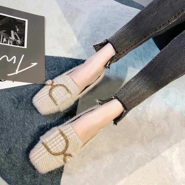 小码冬季新款百搭网红毛毛鞋女豆豆鞋外穿棉瓢鞋一脚蹬加绒平底鞋