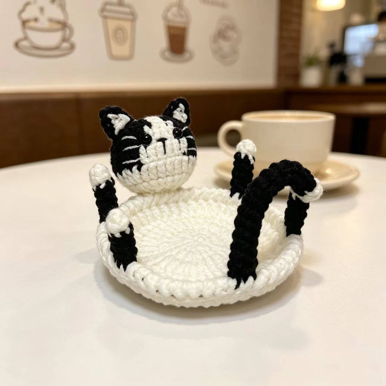 解闷毛线钩织搞怪奶牛猫杯垫编织diy材料包手工自制桌面隔热杯垫