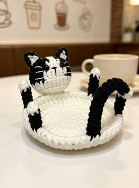 解闷毛线钩织搞怪奶牛猫杯垫编织diy材料包手工自制桌面隔热杯垫