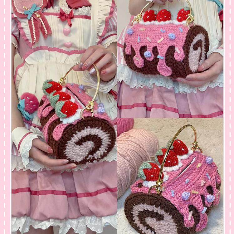 毛线钩针草莓瑞士卷手提包包diy自制材料包手工钩织水桶手机钱包