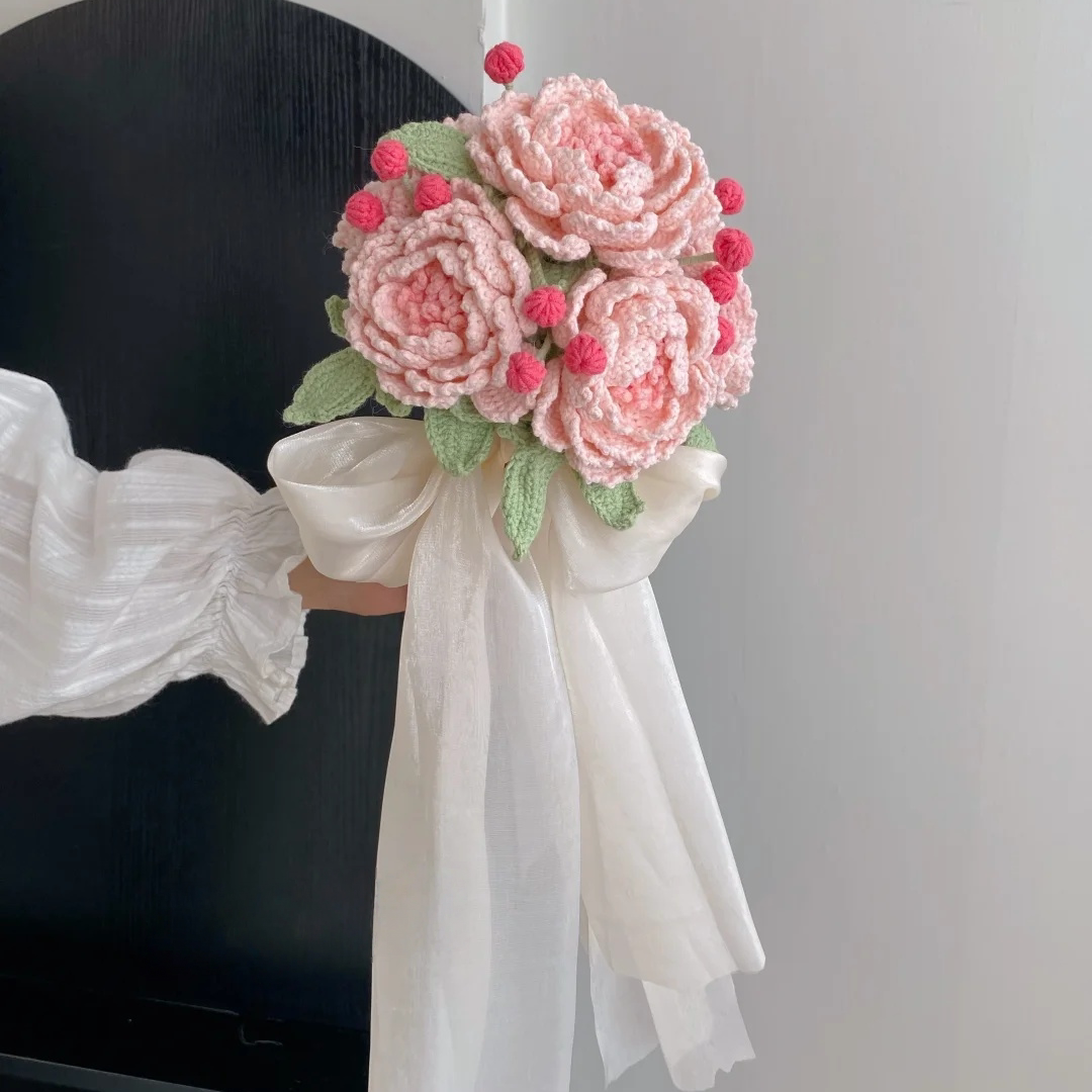 草莓冰激凌牡丹手捧花送朋友结婚礼物手工编织毛线自制diy材料包